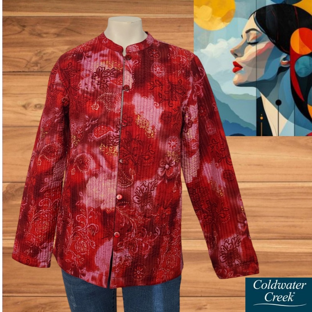 Coldwater‎ Creek Women's Blouse  Silk Pink- Red Floral Long Sleeve